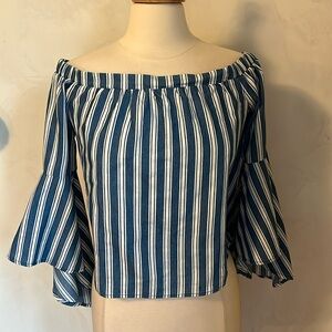 Duet Off or On the shoulder Stripe Blue & White Top w/ Flare Sleeves Size Medium